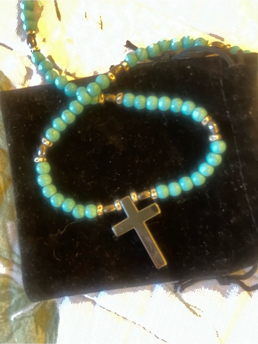 NEW unisex 22 inch Turquoise Beaded Cross Necklace made in Italy.